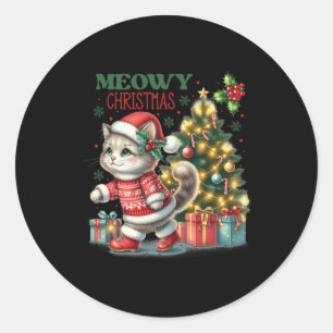 Pegatina Redonda Gatos Navidades Santa Hat Y Árboles Graciosos Gato