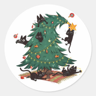 Pegatina Redonda Gatos Negros Decorando el Árbol de Navidad Gato Di