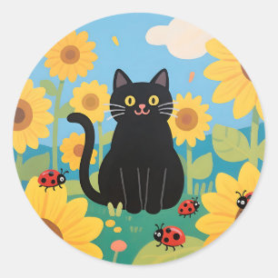 Pegatina Redonda Gatos negros Girasoles Mariquitas