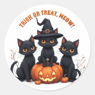 Pegatina Redonda Gatos Negros Kawaii en Parche de Calabaza Hallowee