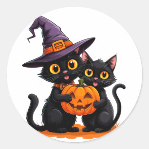 Pegatina Redonda Gatos Negros Lindos Bruja Calabaza Halloween 🐈⬛
