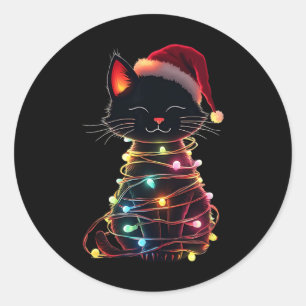 Pegatina Redonda Gatos negros Navidades Santa Hat Meowy Gatos 2