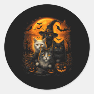 Pegatina Redonda Gatos Negros Y Blancos De Halloween Con Calabazas 
