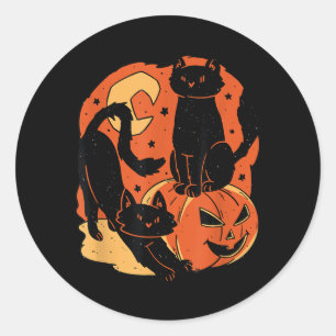 Pegatina Redonda Gatos negros y calabaza de Halloween espeluznantes