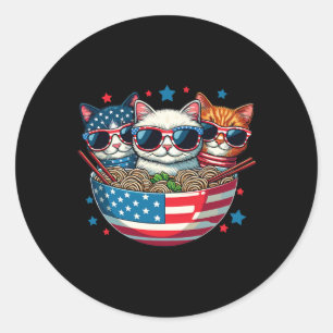 Pegatina Redonda Gatos Ramen Anime Bandera Estadounidense Usa Graci