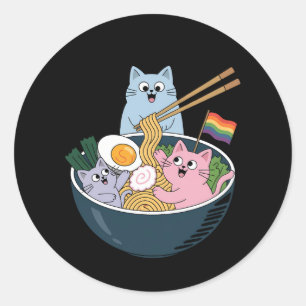 Pegatina Redonda Gatos Ramen Arcoiris LGBTQ Aliado del Orgullo Gay