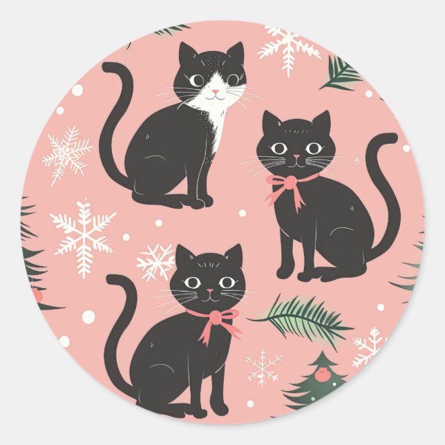 Pegatina Redonda Gatos retro curados sobre Navidades rosados (Anverso)