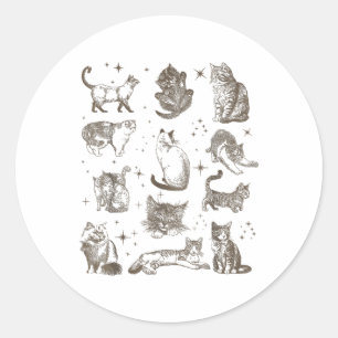 Pegatina Redonda Gatos retro de tatuaje vintage de los años 90 en e