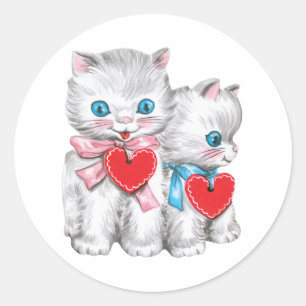 Pegatina Redonda Gatos retro del día de San Valentín, gatito lindo