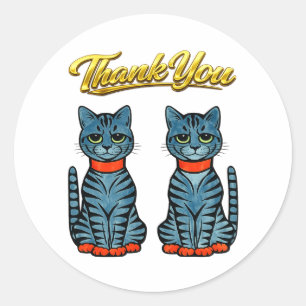 Pegatina Redonda Gatos Tigre Gris Azul Estilo Deco Vintage Gracias