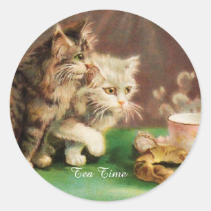 Pegatina Redonda Gatos vintage de té personalizados