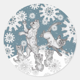 Pegatina Redonda Gatos y copos de nieve únicos Navidades de nieve 