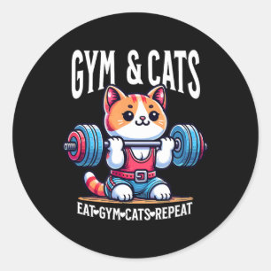 Pegatina Redonda Gatos y ejercicio en el gimnasio divertido gatito