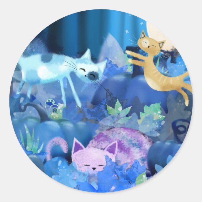 Pegatina Redonda Gatos y gatitos iluminados por la luna (Anverso)