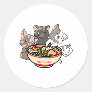 Pegatina Redonda Gatos y gatos de Ramen comiendo Ramen