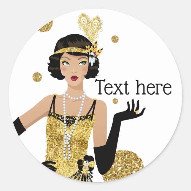 Pegatina Redonda Gatsby, chica de flapper de 1920, Art Deco (Anverso)