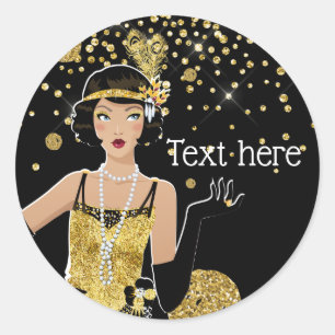 Pegatina Redonda Gatsby, chica de flapper de 1920, Art Deco