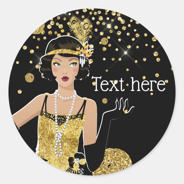 Pegatina Redonda Gatsby, chica de flapper de 1920, Art Deco (Anverso)