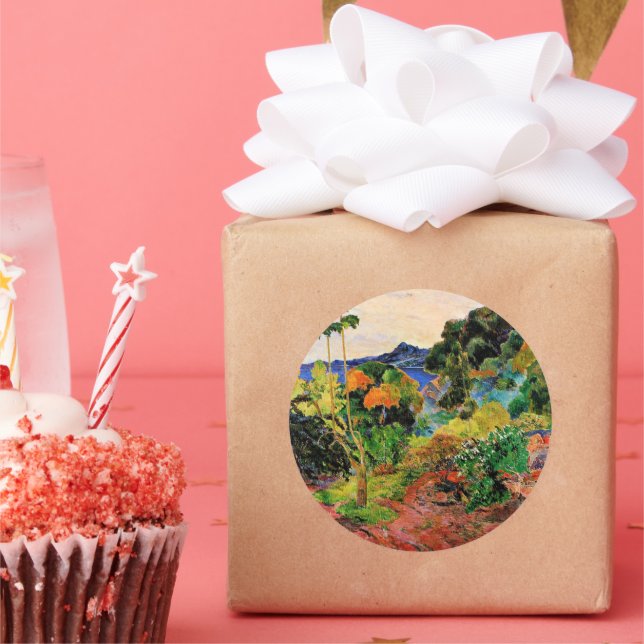 Pegatina Redonda Gauguin - Paisaje de Martinica (Fiesta)