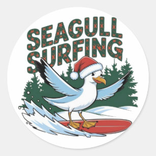 Pegatina Redonda Gaviota Surfista Invernal, Gaviota Feliz Navidad