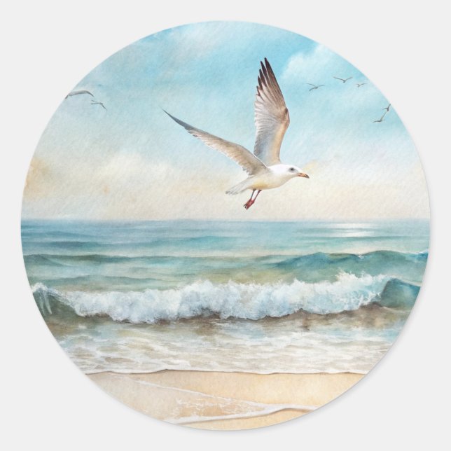 Pegatina Redonda Gaviotas volando en una playa (Anverso)