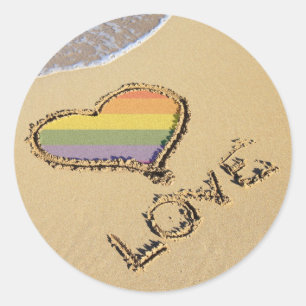 Pegatina Redonda Gay Rainbow Love Heart In the Sand