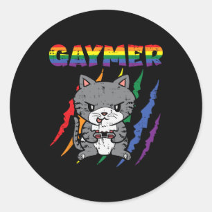 Pegatina Redonda Gaymer Purride Cat Video Game Gamer Lgbtq Rainbow