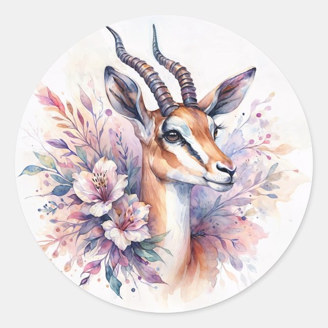 Pegatina Redonda Gazelle Floral Watercolor (Anverso)