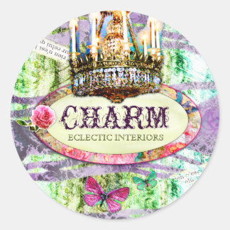 Pegatina Redonda GC | Encanto vintage de Shabby - Damasco púrpura