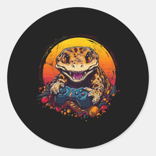 Pegatina Redonda Gecko Jugando Videojuego Lizard & amp; Reptiles Ga (Anverso)