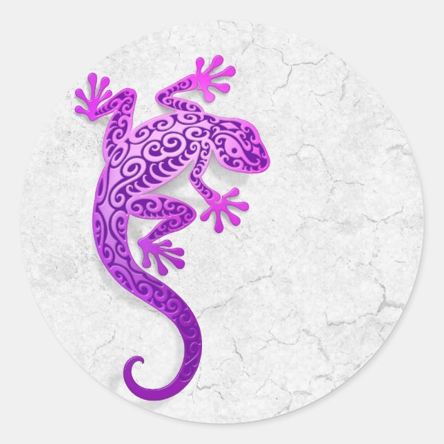 Pegatina Redonda Gecko púrpura trepando en una pared blanca (Anverso)