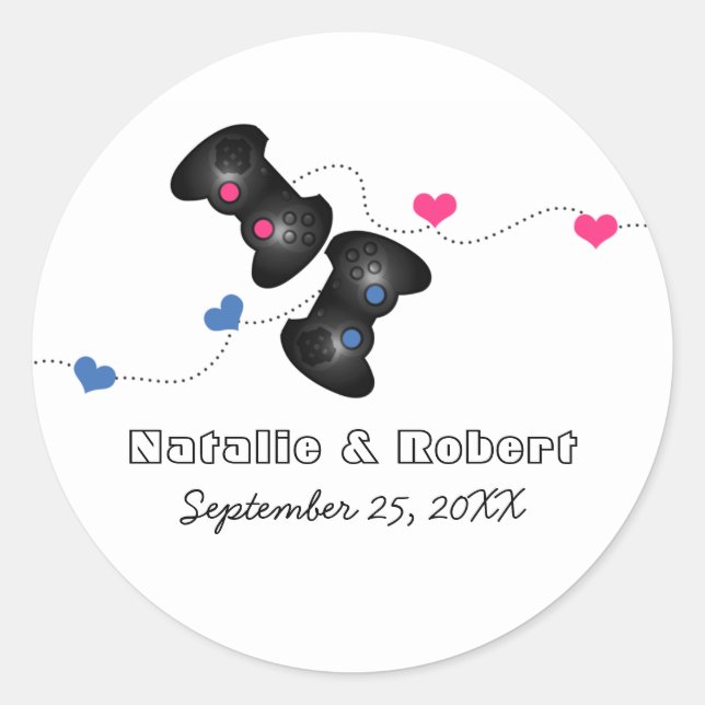 Pegatina Redonda Geeky Gamers Bodas Pegatinas Oscuras (Azul/Rosa) (Anverso)