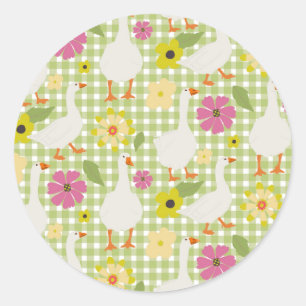 Pegatina Redonda Geese lindo con flores dibujadas a mano - Green Ch