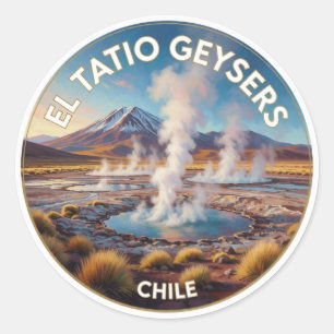 Pegatina Redonda Géiseres de El Tatio Chile Paisaje volcánico andin
