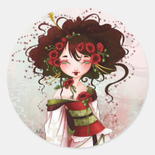Pegatina Redonda Geisha amapola