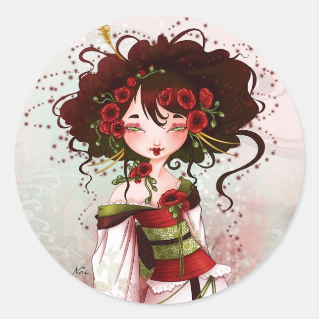 Pegatina Redonda Geisha amapola (Anverso)
