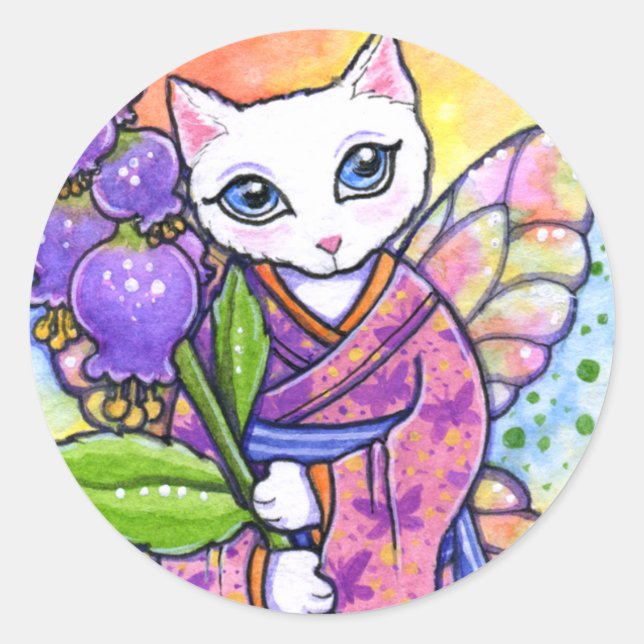 Pegatina Redonda Geisha Cat Fantasy Asiática por Ann Howard (Anverso)