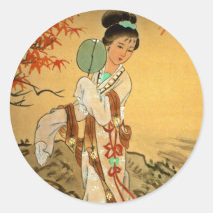 Pegatina Redonda Geisha Chica con fanático