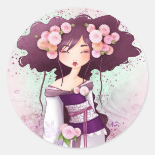 Pegatina Redonda geisha dalia