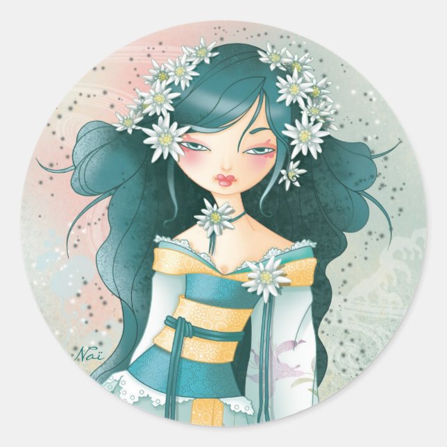 Pegatina Redonda Geisha Edelweis (Anverso)