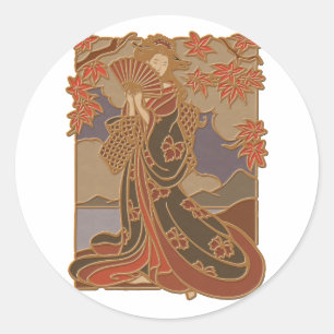 Pegatina Redonda Geisha japonesa en kimono arte asiático de bambú