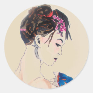 Pegatina Redonda Geisha japonesa vintage con kimono azul