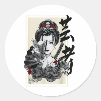 Pegatina Redonda Geisha Tattoo retro japonés vintage Samurai Graph
