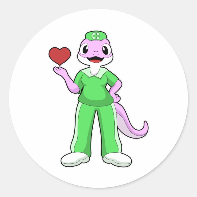 Pegatina Redonda Geko como enfermera con corazón (Anverso)