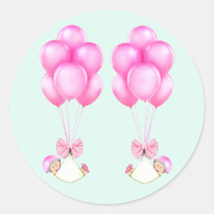 Pegatina Redonda Gemelas Globos Rosados Fiesta de Bebé