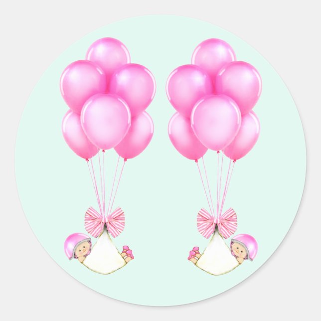 Pegatina Redonda Gemelas Globos Rosados Fiesta de Bebé (Anverso)