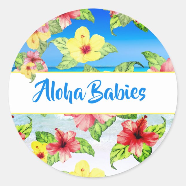 Pegatina Redonda Gemelos de flores tropicales Aloha Baby Shower Bea (Anverso)