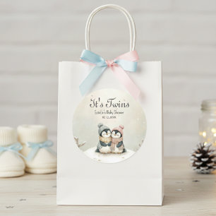 Pegatina Redonda Gemelos de Pingüino Tema de Invierno de Shower de