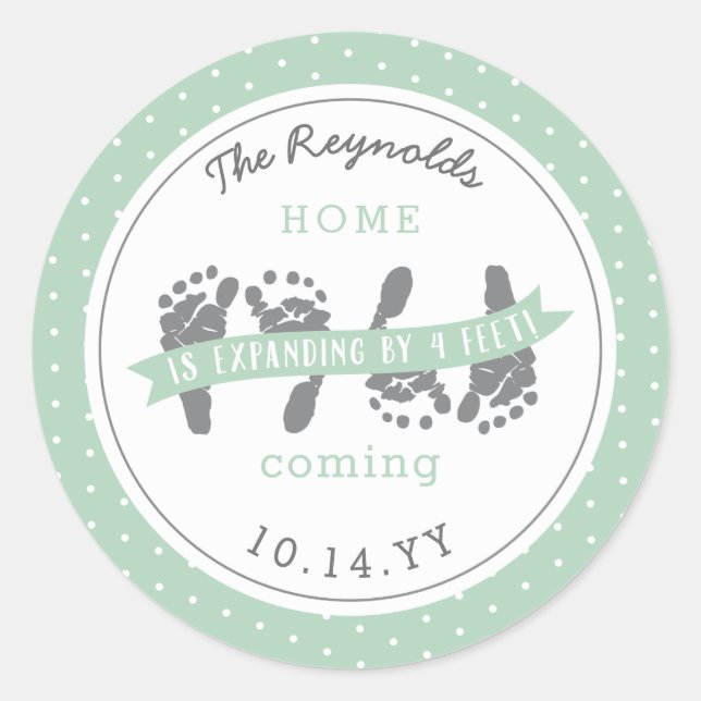 Pegatina Redonda Gemelos Invitación Cuatro Pies de Bebé Cinta Verde (Anverso)