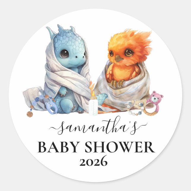 Pegatina Redonda Gemelos Phoenix Dragon Fantasy Magia (Anverso)